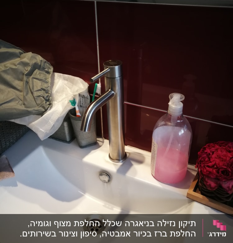 ברז נירוסטה בכיור עם סבון נוזלי